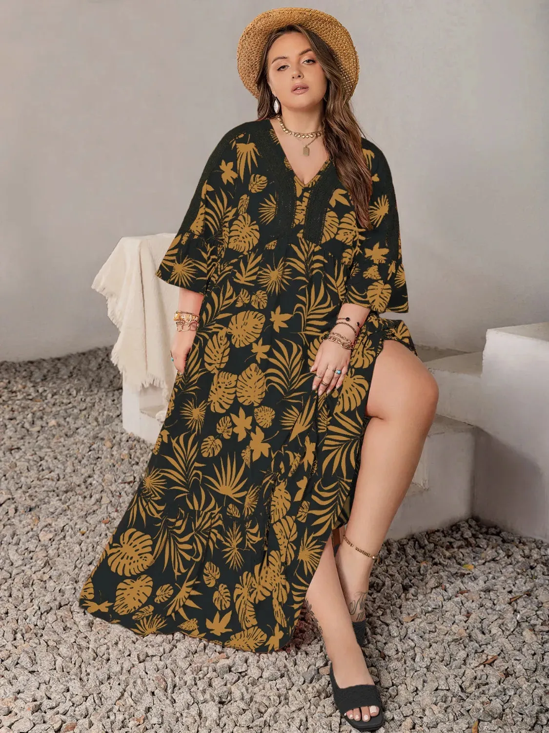 Plus Size Lace Detail Tropical Print Three-Quarter Sleeve Maxi Dress sold by Gigi Laurent product image thumbnail 4