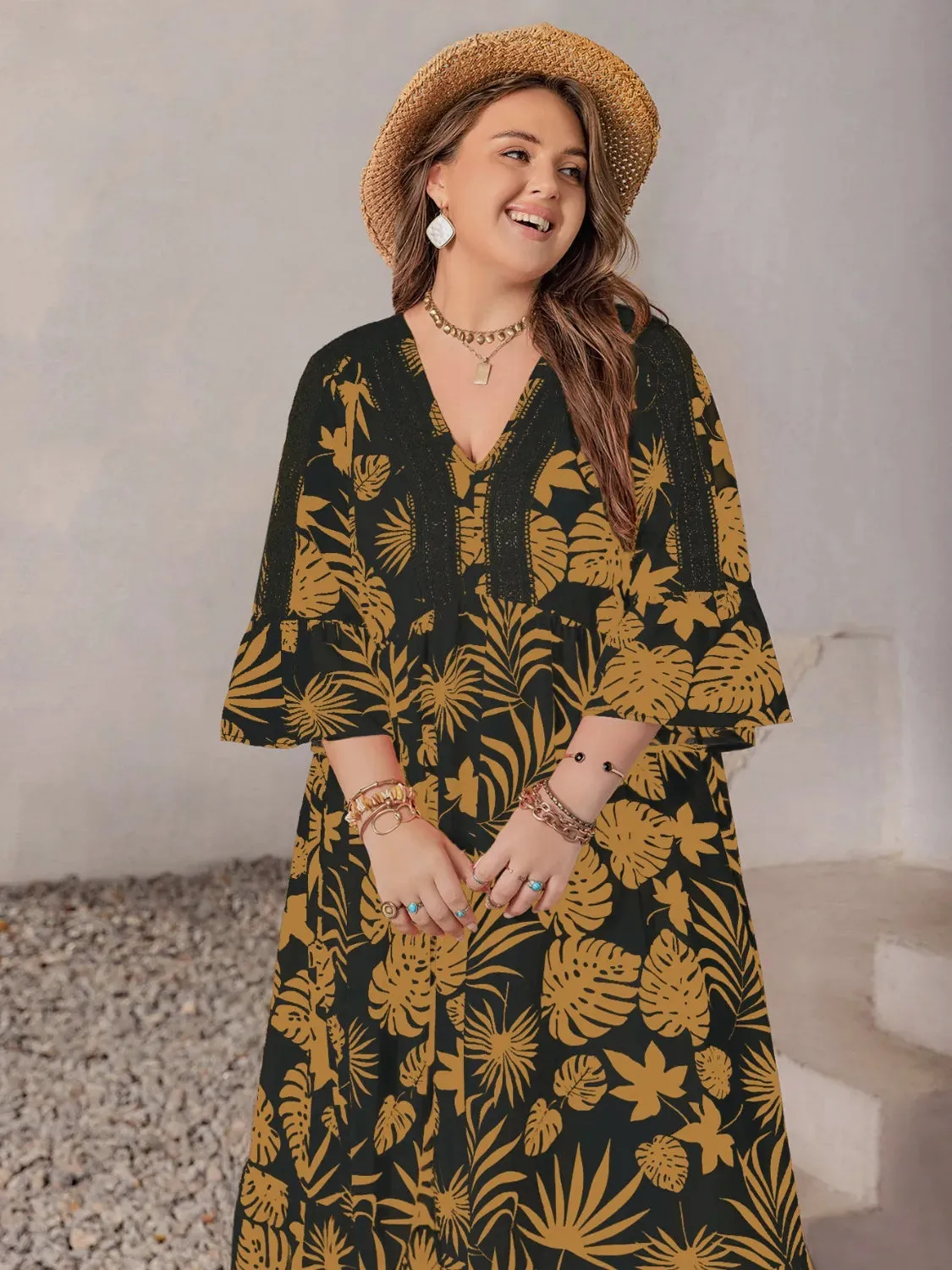 Plus Size Lace Detail Tropical Print Three-Quarter Sleeve Maxi Dress sold by Gigi Laurent product image thumbnail 3