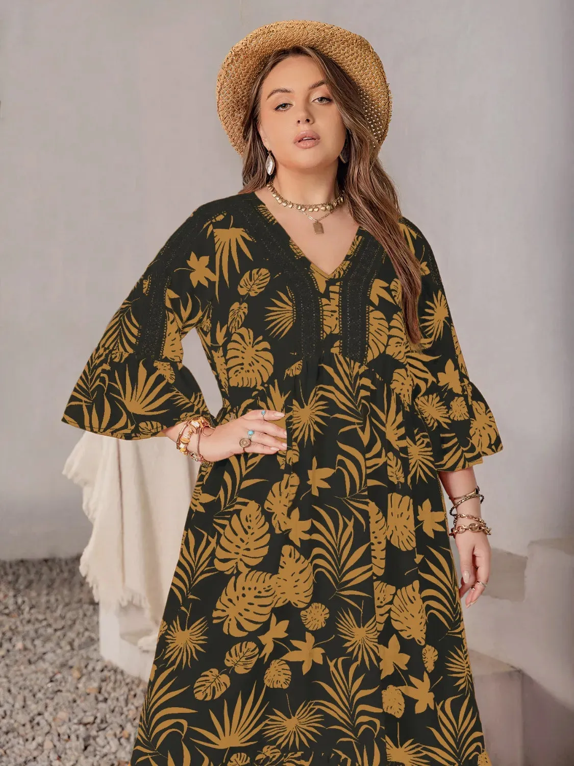 Plus Size Lace Detail Tropical Print Three-Quarter Sleeve Maxi Dress sold by Gigi Laurent product image thumbnail 2