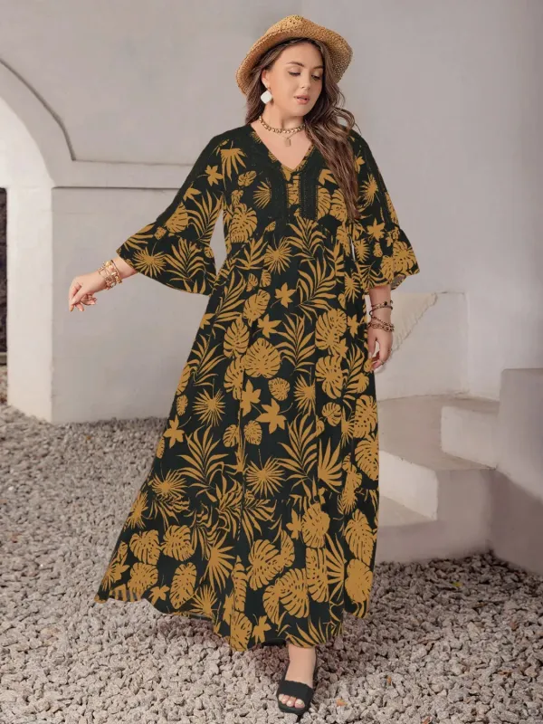 Plus Size Lace Detail Tropical Print Three-Quarter Sleeve Maxi Dress sold by Gigi Laurent