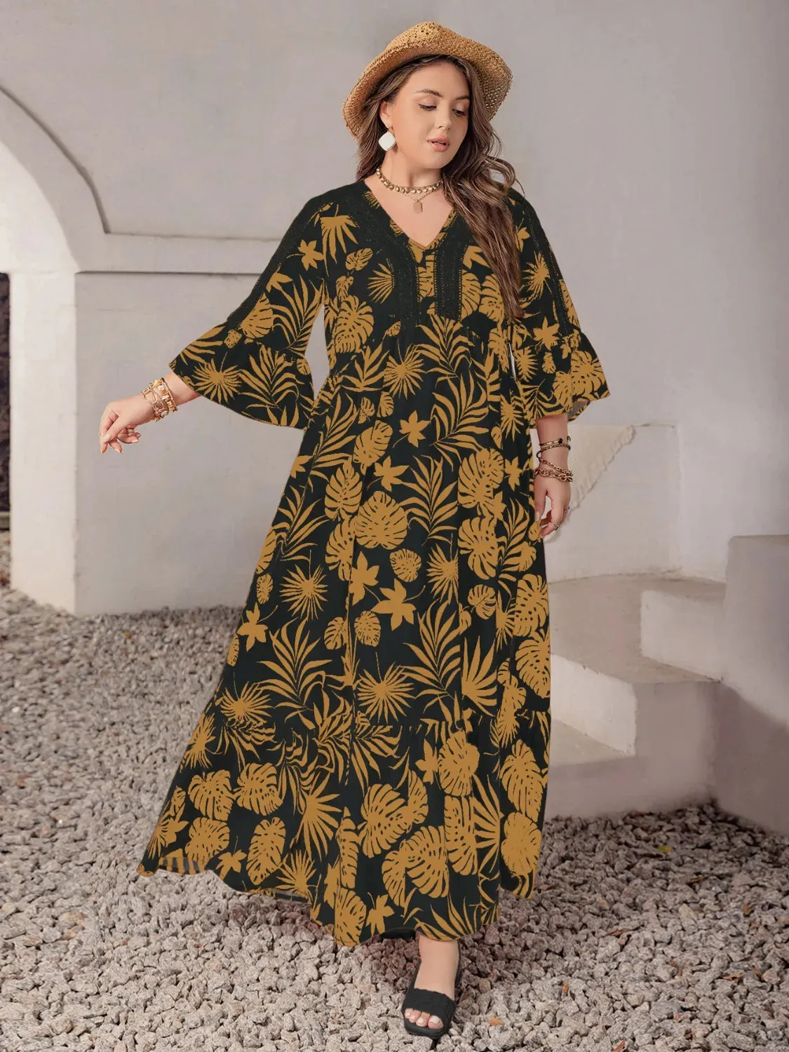 Plus Size Lace Detail Tropical Print Three-Quarter Sleeve Maxi Dress sold by Gigi Laurent