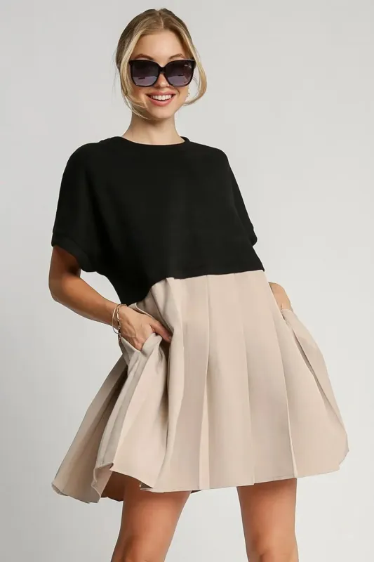 Umgee Full Size Round Neck Pleated Dress with Side Pockets Plus Size sold by Gigi Laurent