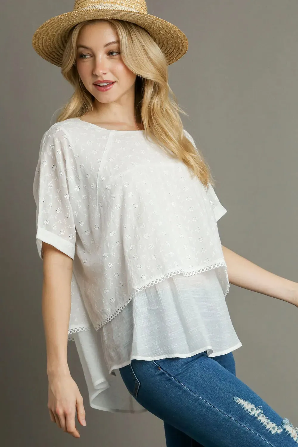 Umgee Full Size Eyelet Layered Short Sleeve Blouse Plus Size sold by Gigi Laurent