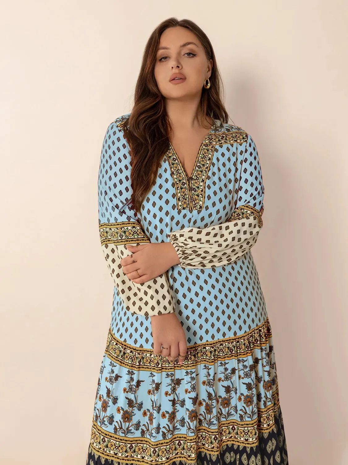 Plus Size Printed V-Neck Balloon Sleeve Maxi Dress sold by Gigi Laurent product image thumbnail 5