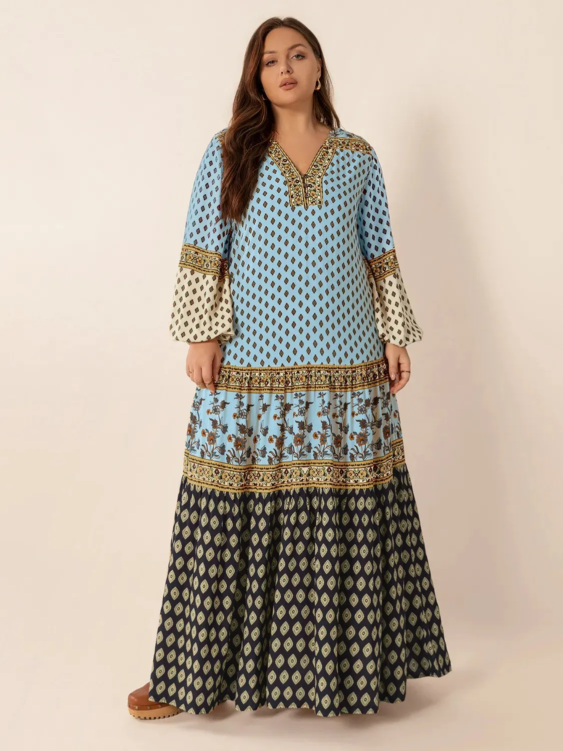 Plus Size Printed V-Neck Balloon Sleeve Maxi Dress sold by Gigi Laurent product image thumbnail 2