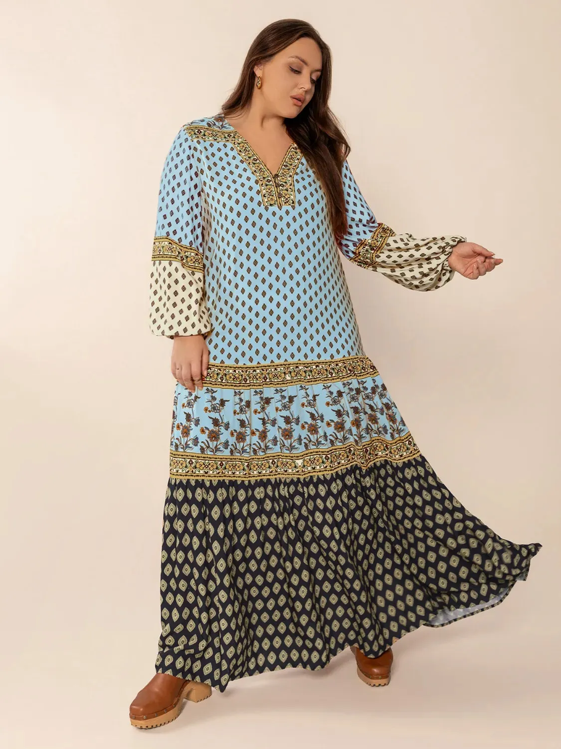 Plus Size Printed V-Neck Balloon Sleeve Maxi Dress sold by Gigi Laurent product image thumbnail 3