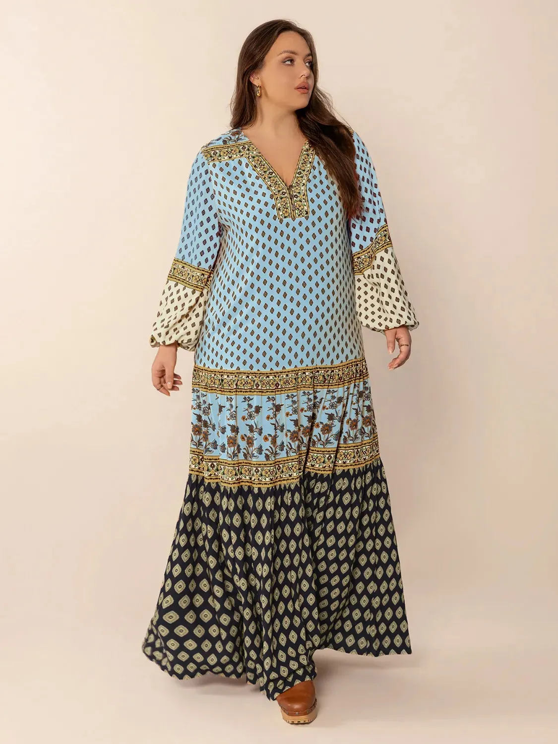 Plus Size Printed V-Neck Balloon Sleeve Maxi Dress sold by Gigi Laurent