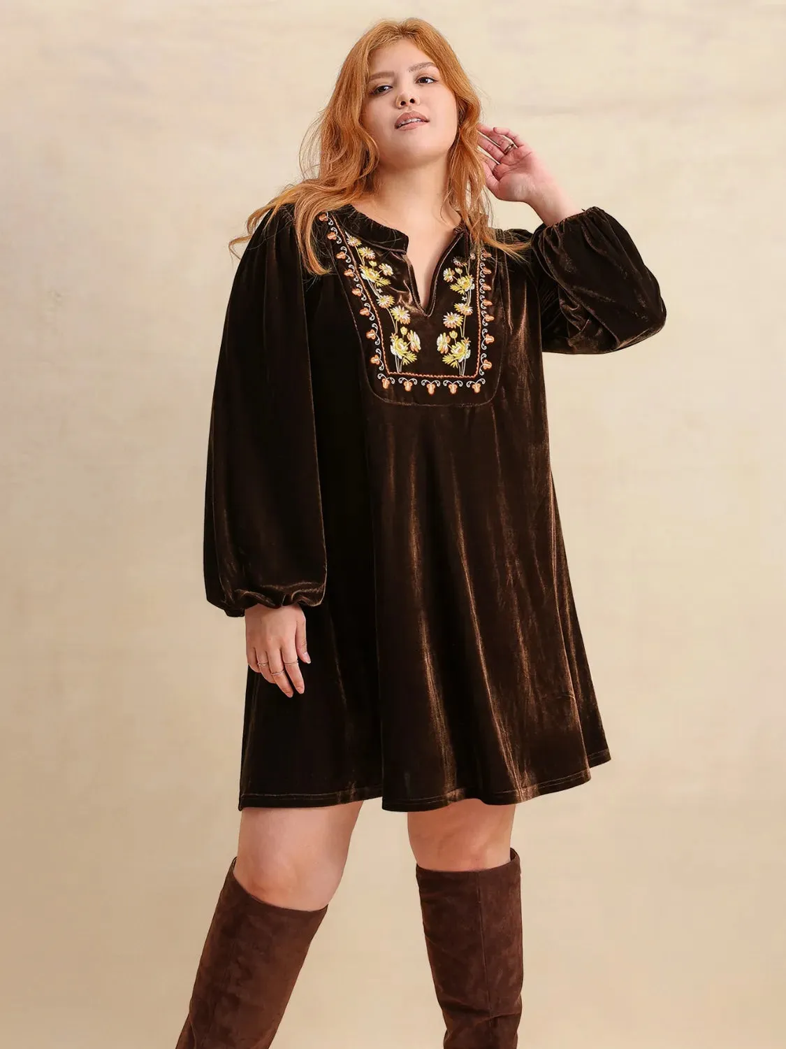 Plus Size Embroidered Notched Balloon Sleeve Mini Dress sold by Gigi Laurent product image thumbnail 3