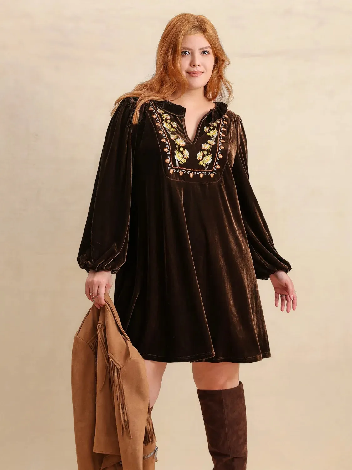Plus Size Embroidered Notched Balloon Sleeve Mini Dress sold by Gigi Laurent product image thumbnail 2