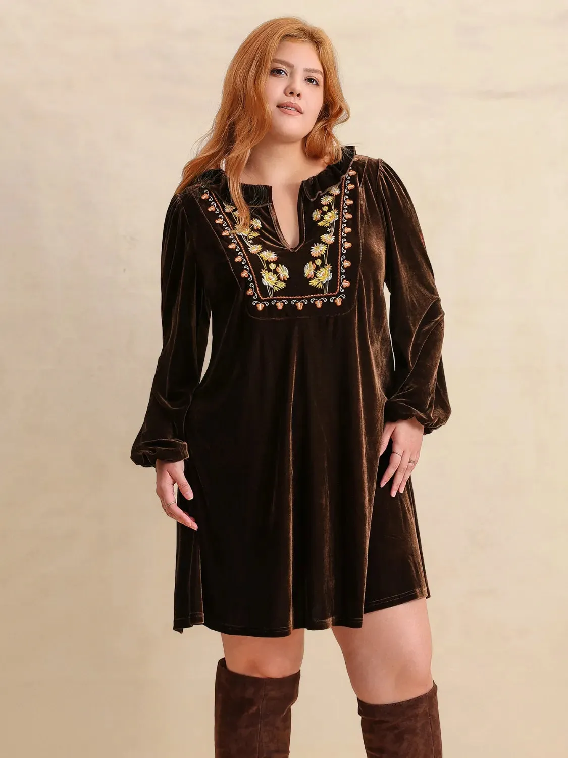Plus Size Embroidered Notched Balloon Sleeve Mini Dress sold by Gigi Laurent