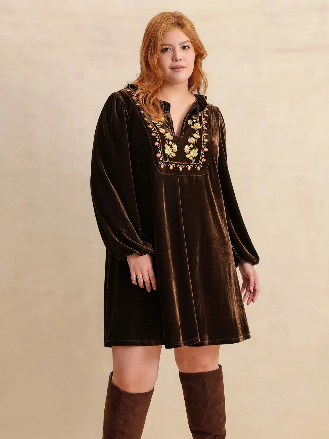 Plus Size Embroidered Notched Balloon Sleeve Mini Dress sold by Gigi Laurent product image thumbnail 4