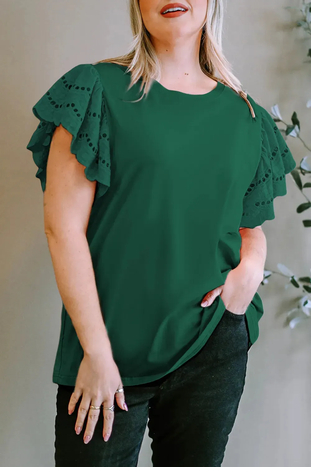 Plus Size Eyelet Round Neck Short Sleeve Blouse sold by Gigi Laurent