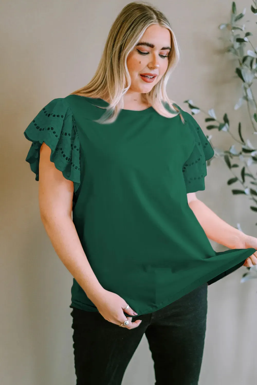 Plus Size Eyelet Round Neck Short Sleeve Blouse sold by Gigi Laurent product image thumbnail 2