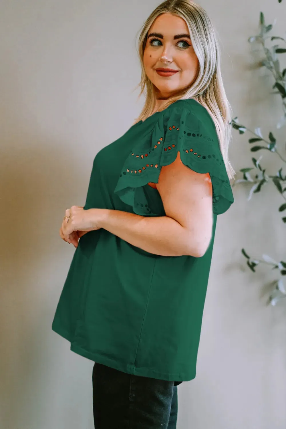 Plus Size Eyelet Round Neck Short Sleeve Blouse sold by Gigi Laurent product image thumbnail 3