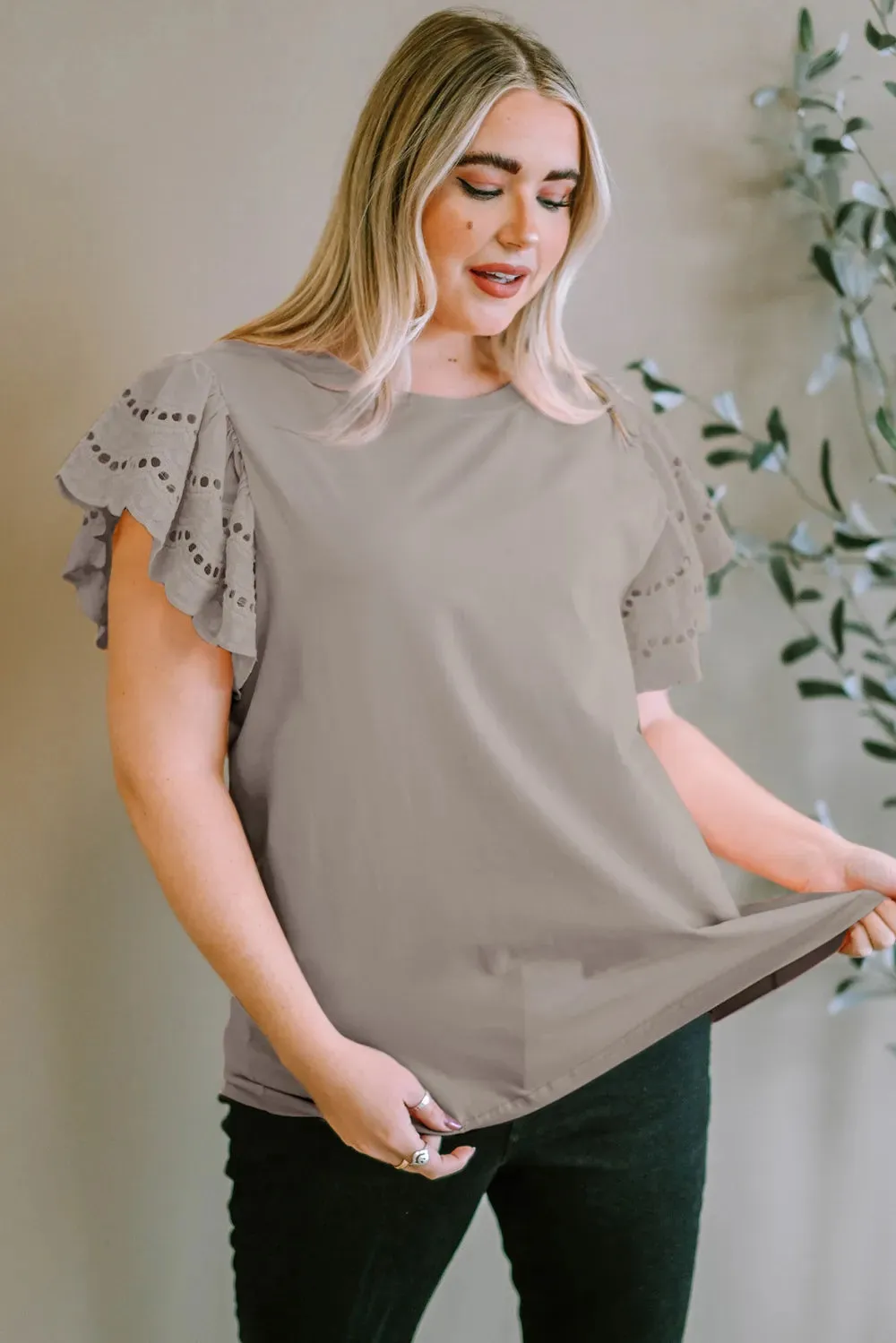 Plus Size Eyelet Round Neck Short Sleeve Blouse sold by Gigi Laurent product image thumbnail 5