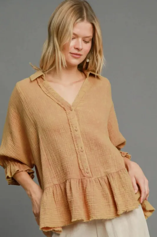 Umgee Full Size Mineral Washed Cotton Gauze Top Plus Size made by Trendsi