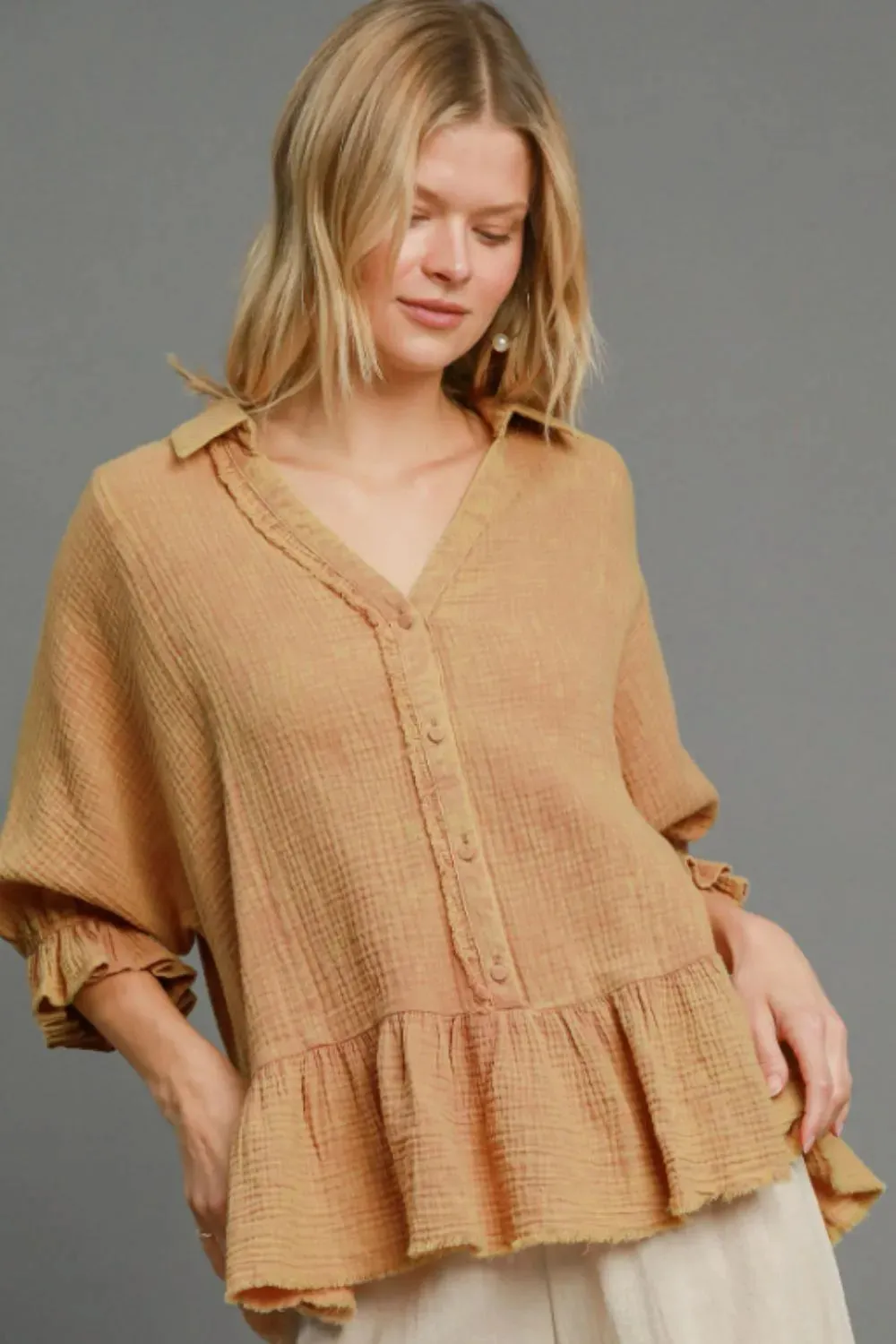 Umgee Full Size Mineral Washed Cotton Gauze Top Plus Size sold by Gigi Laurent