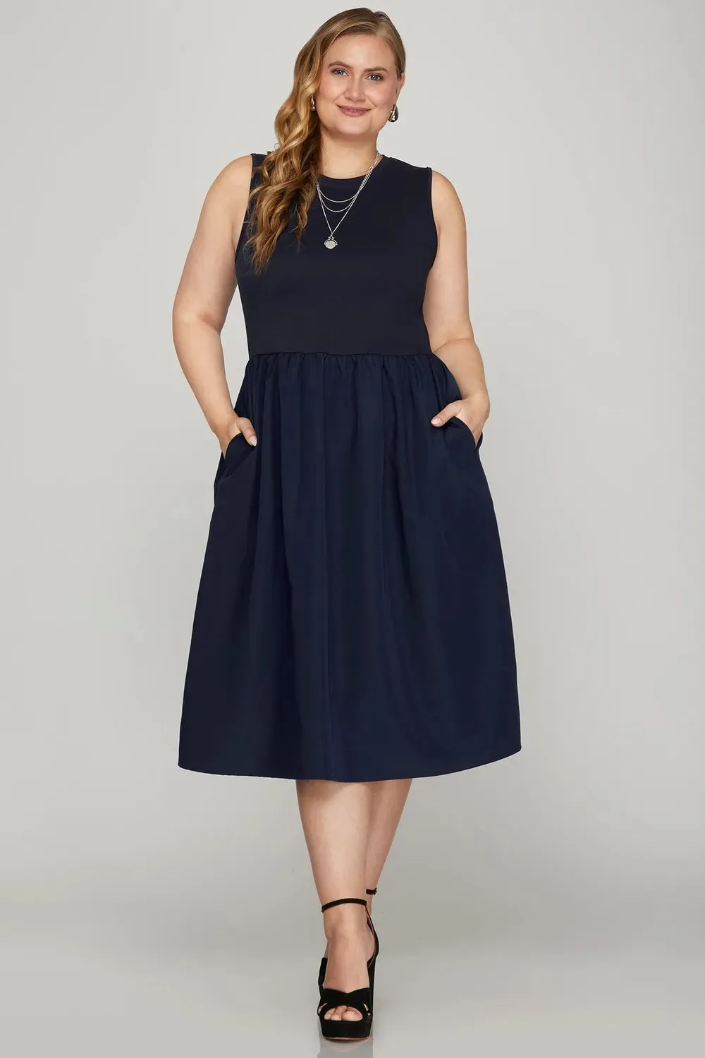 She + Sky Full Size Sleeveless Poplin Woven Midi Dress with Pockets Plus Size sold by Gigi Laurent product image thumbnail 4