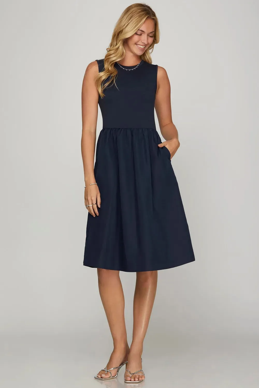 She + Sky Full Size Sleeveless Poplin Woven Midi Dress with Pockets Plus Size sold by Gigi Laurent