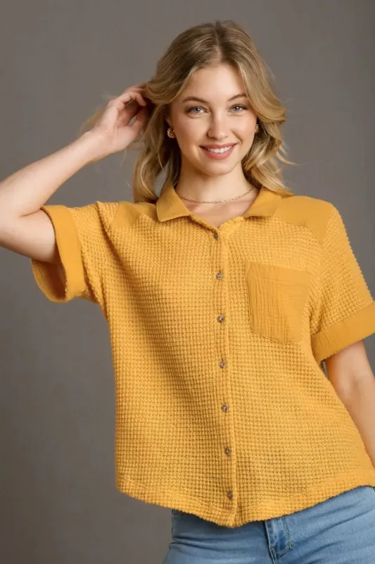 Umgee Full Size Waffle-Knit Short Sleeve Button Down Shirt Plus Size sold by Gigi Laurent
