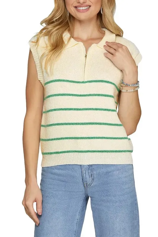 She + Sky Full Size Ribbed Hem Striped Half Zip Sweater Vest Plus Size sold by Gigi Laurent