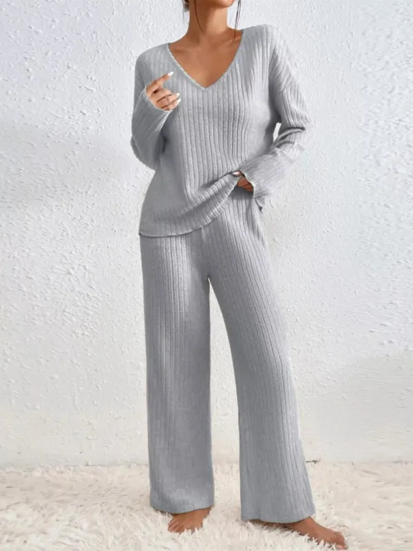 Ribbed V-Neck Top and Pants Set made by Trendsi