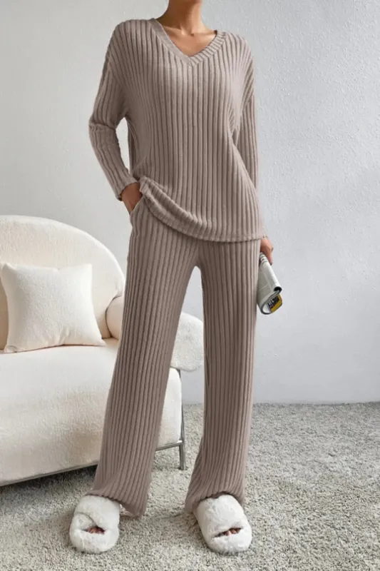 Ribbed V-Neck Top and Pants Set sold by Gigi Laurent