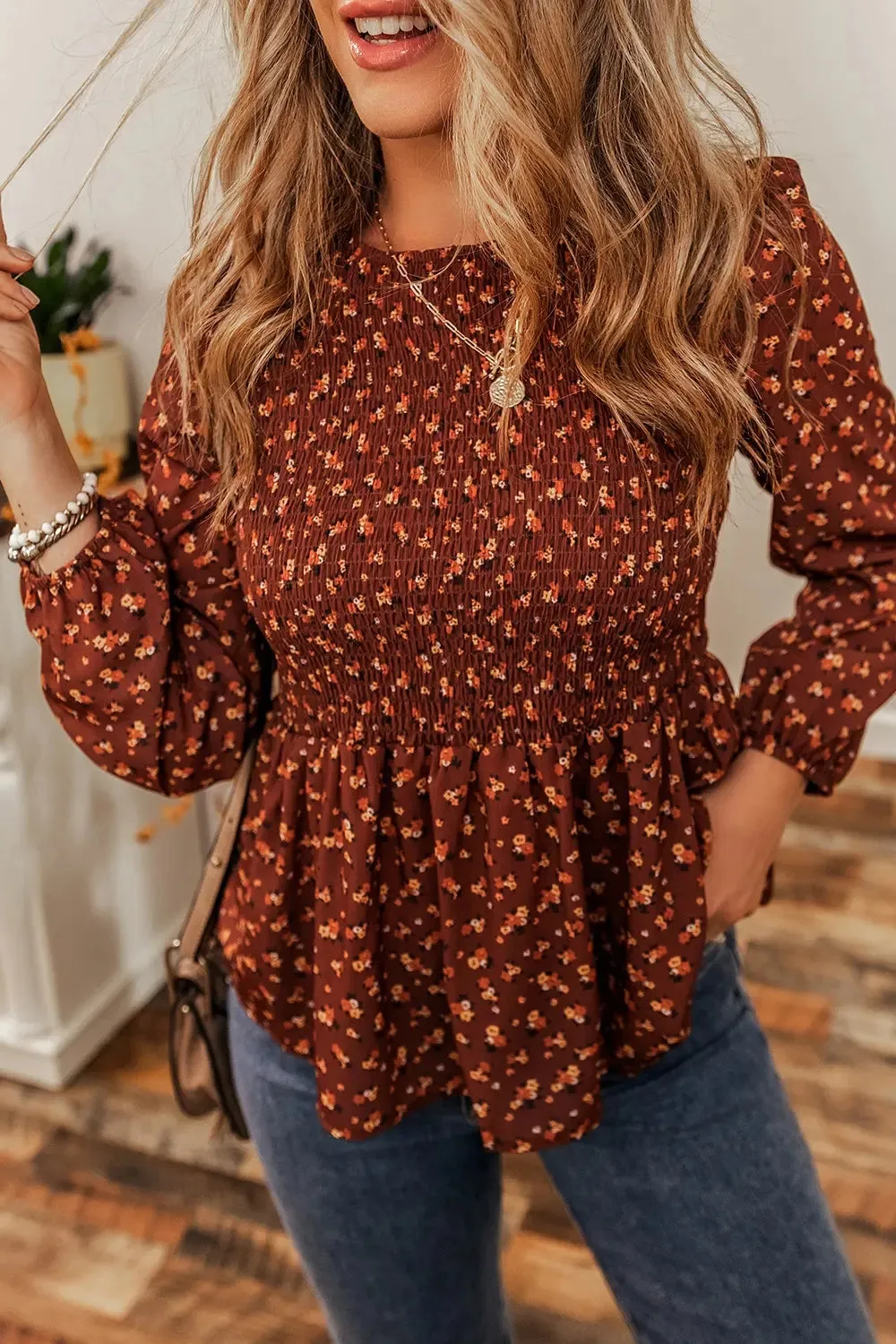 Floral Smocked Ruffle Hem Long Sleeve Blouse sold by Gigi Laurent product image thumbnail 5