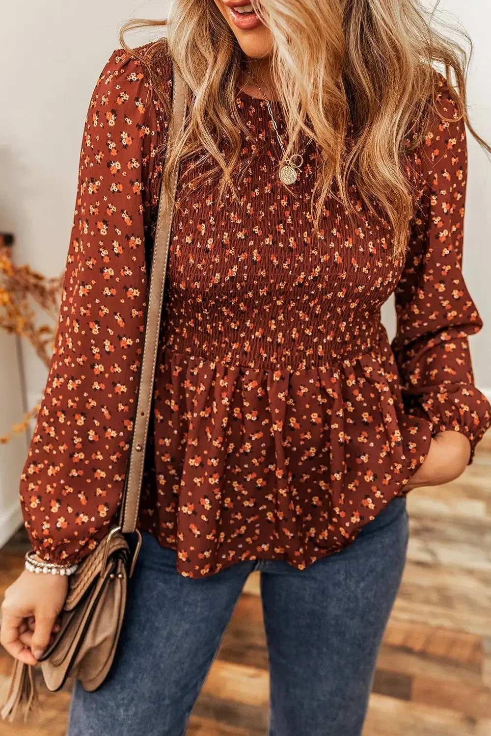 Floral Smocked Ruffle Hem Long Sleeve Blouse sold by Gigi Laurent