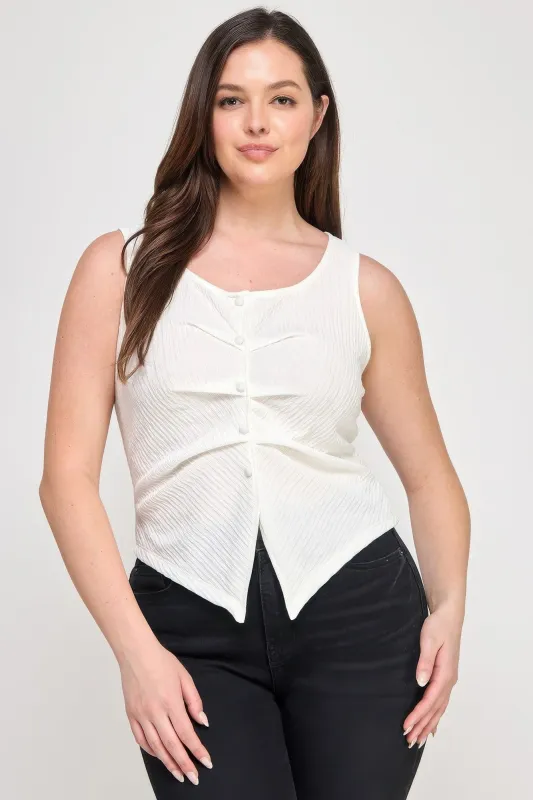 Plus Sleeveless Crinkle Knit Faux Button Down Top sold by Gigi Laurent