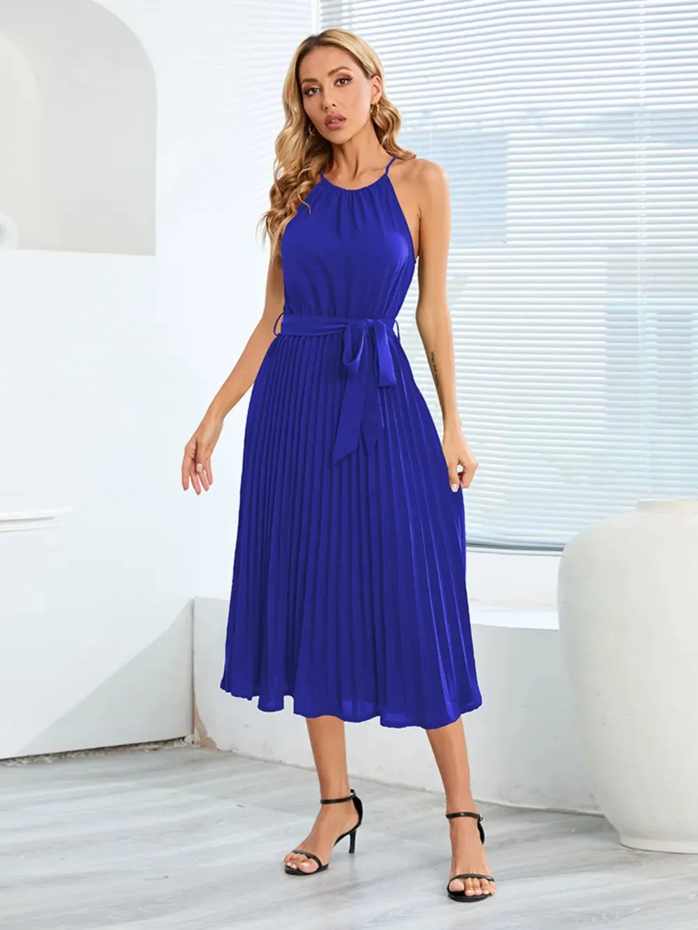 Pleated Spaghetti Strap Tie Waist Midi Dress sold by Gigi Laurent