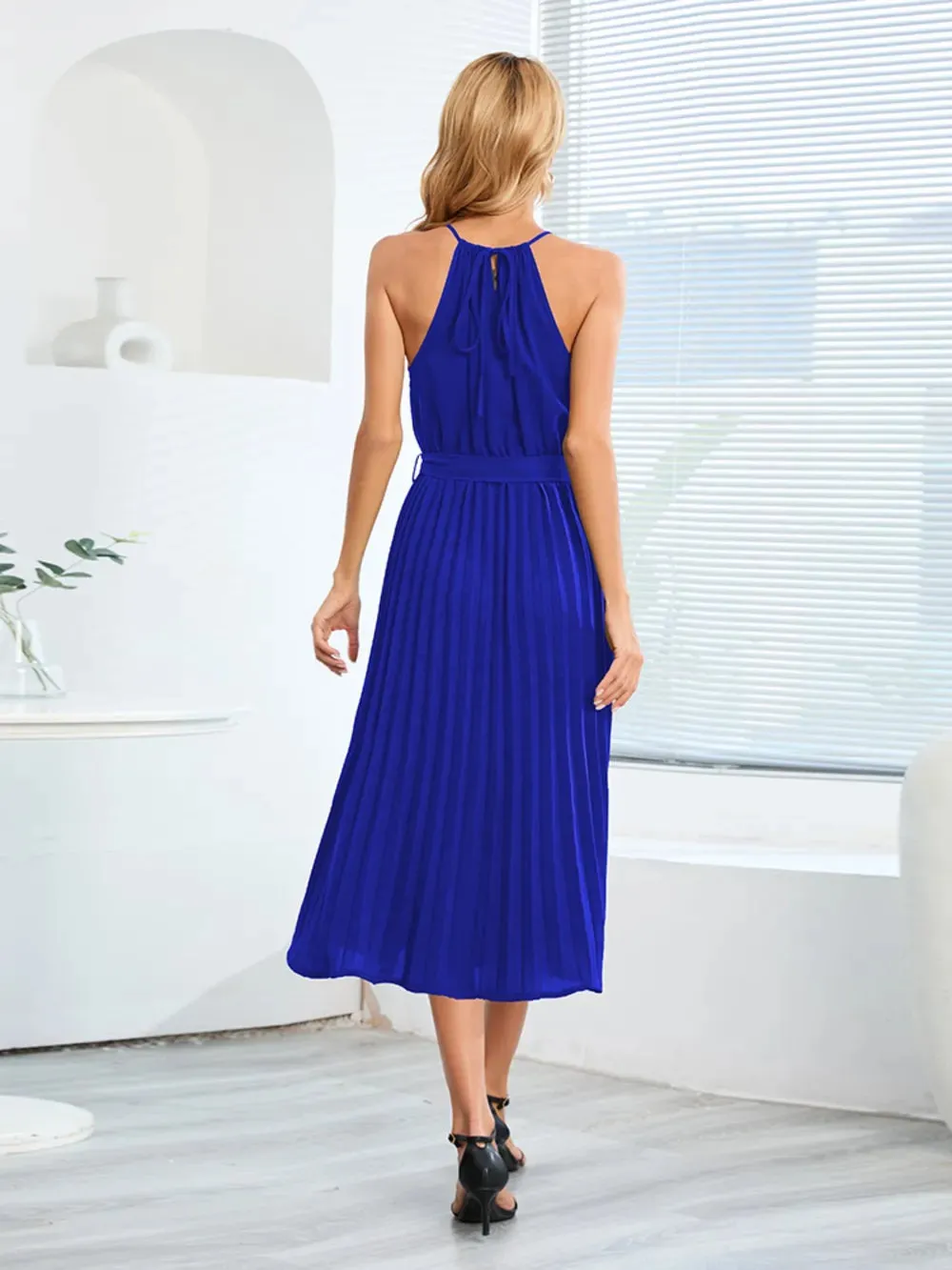Pleated Spaghetti Strap Tie Waist Midi Dress sold by Gigi Laurent product image thumbnail 4