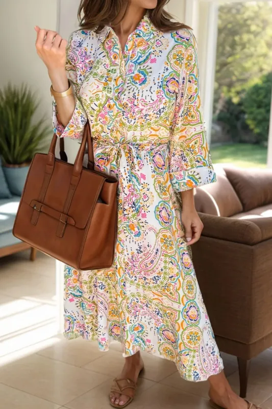 Tied Printed Long Sleeve Midi Dress made by Gigi Laurent