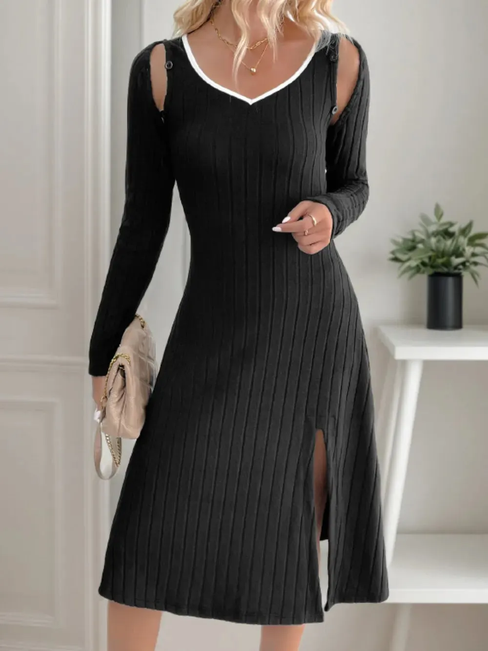 Perfee Slit Wide Strap Dress and Detachable Long Sleeves Set sold by Gigi Laurent product image thumbnail 5