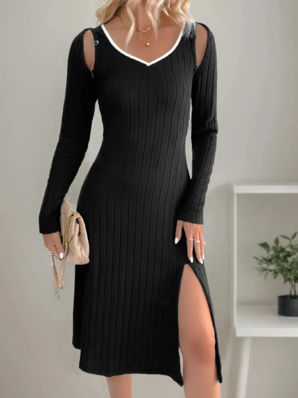 Perfee Slit Wide Strap Dress and Detachable Long Sleeves Set sold by Gigi Laurent
