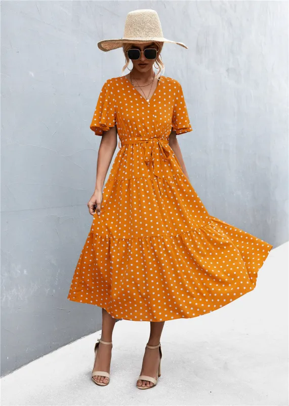 Printed V-Neck Flutter Sleeve Belted Dress sold by Gigi Laurent