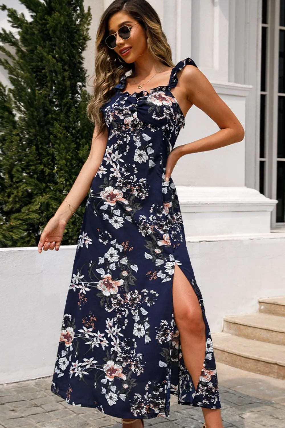 Shiny Floral Print Sleeveless Square Neck Slit Midi Dress sold by Gigi Laurent product image thumbnail 3