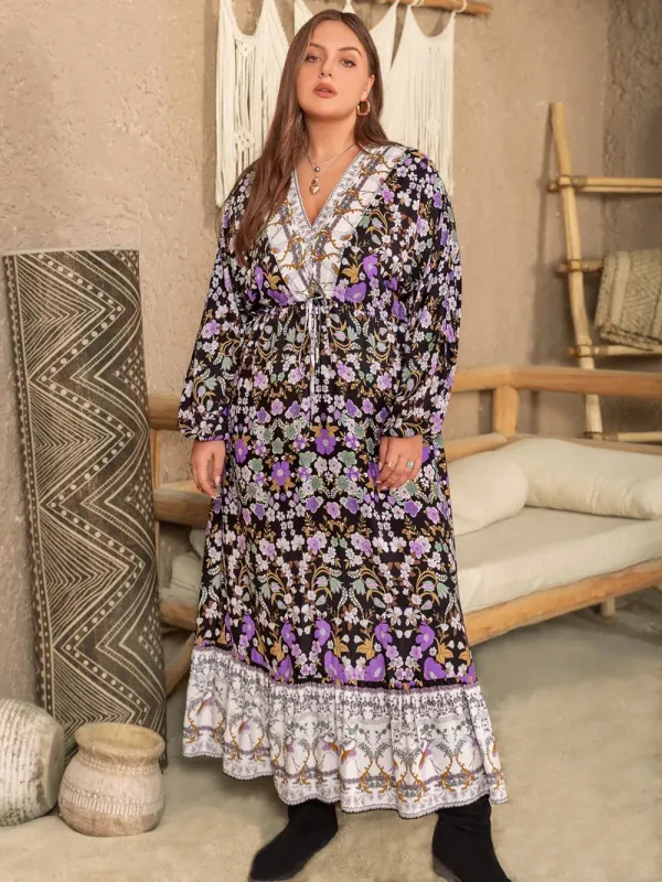 Plus Size V-Neck Balloon Sleeve Printed Midi Dress sold by Gigi Laurent