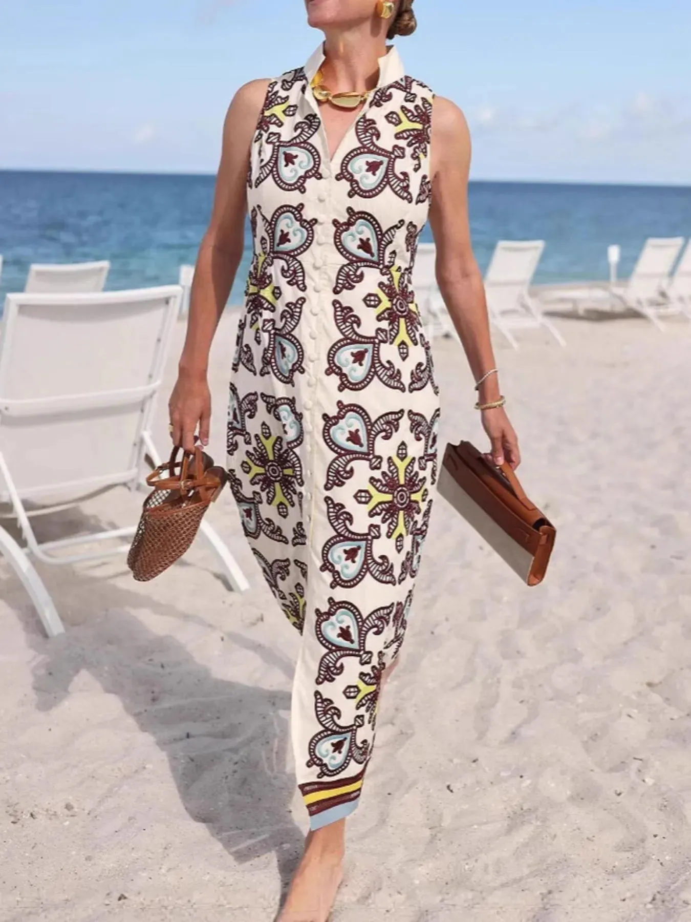 Printed Button Front Sleeveless Dress sold by Gigi Laurent