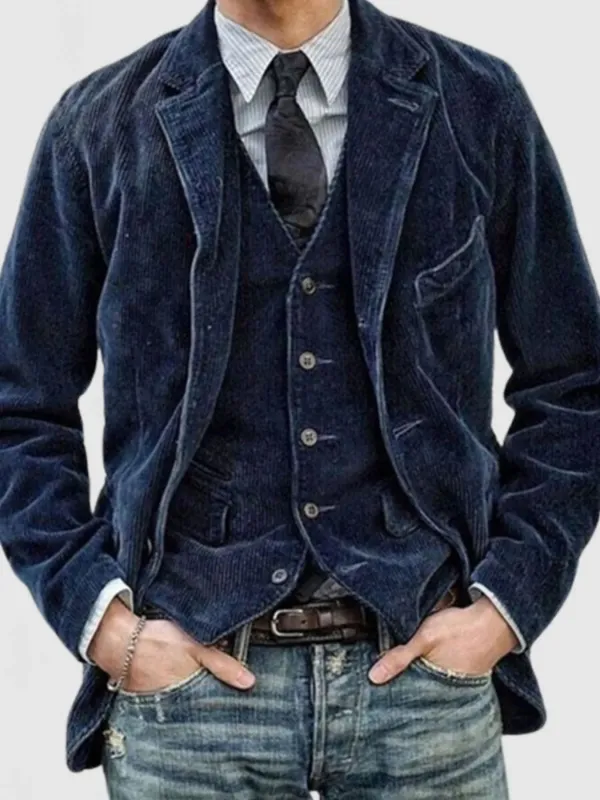 Men's Full Size Button Up Lapel Collar Corduroy Blazer Plus Size made by Trendsi