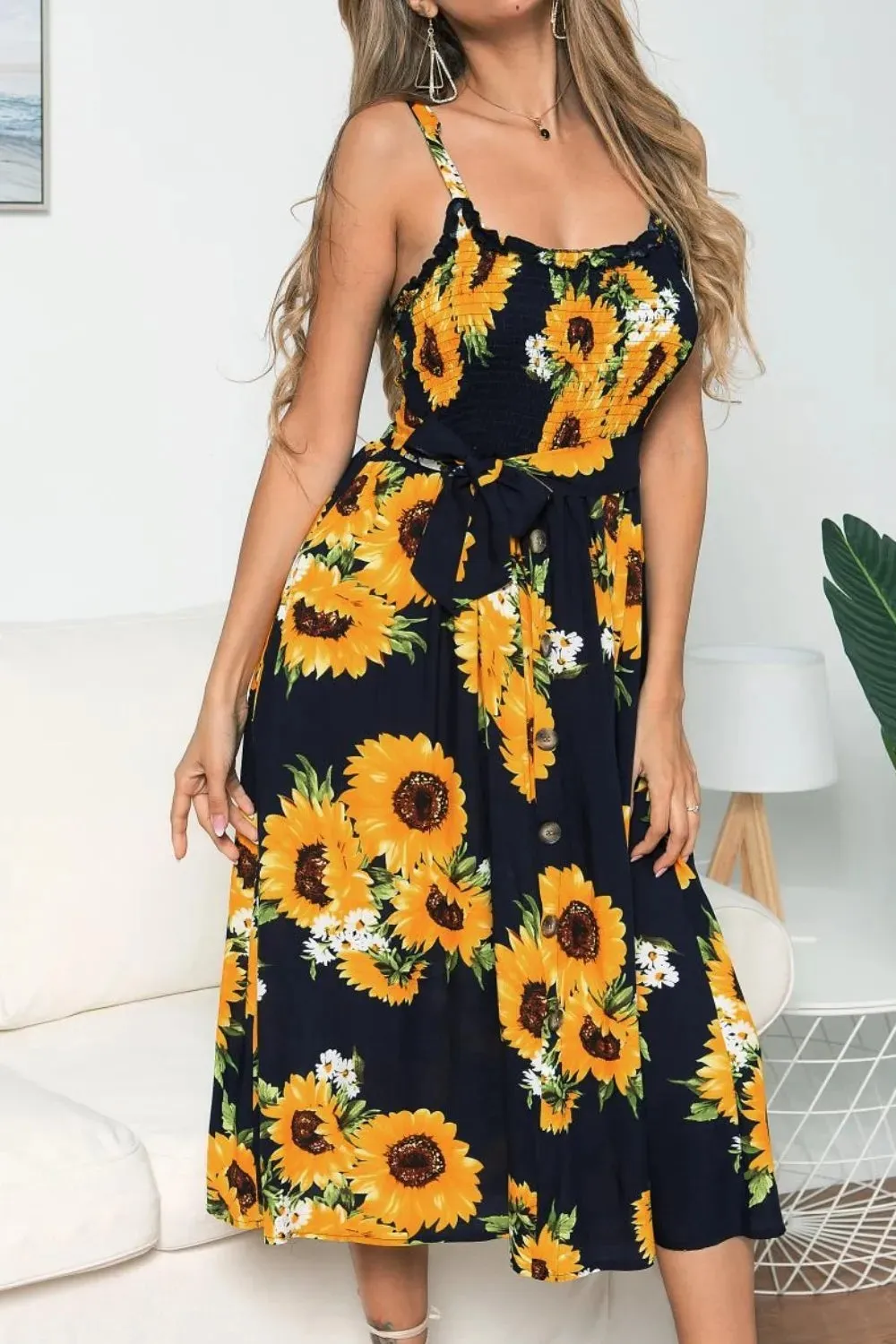 Smocked Sunflower Printed Sleeveless Cami Dress sold by Gigi Laurent product image thumbnail 3