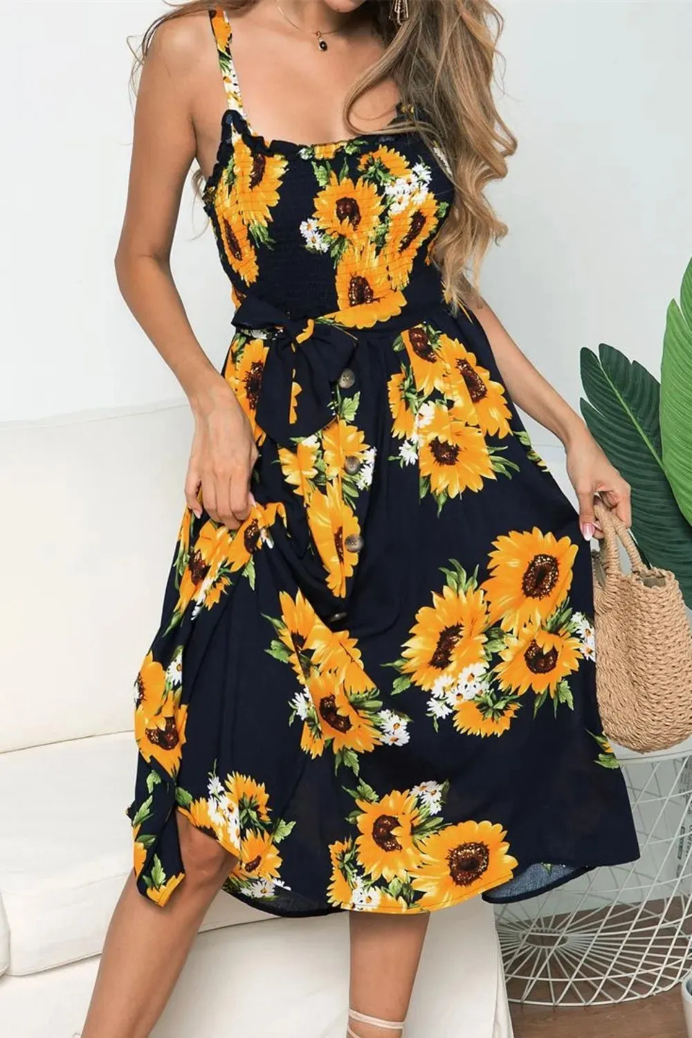 Smocked Sunflower Printed Sleeveless Cami Dress sold by Gigi Laurent product image thumbnail 4