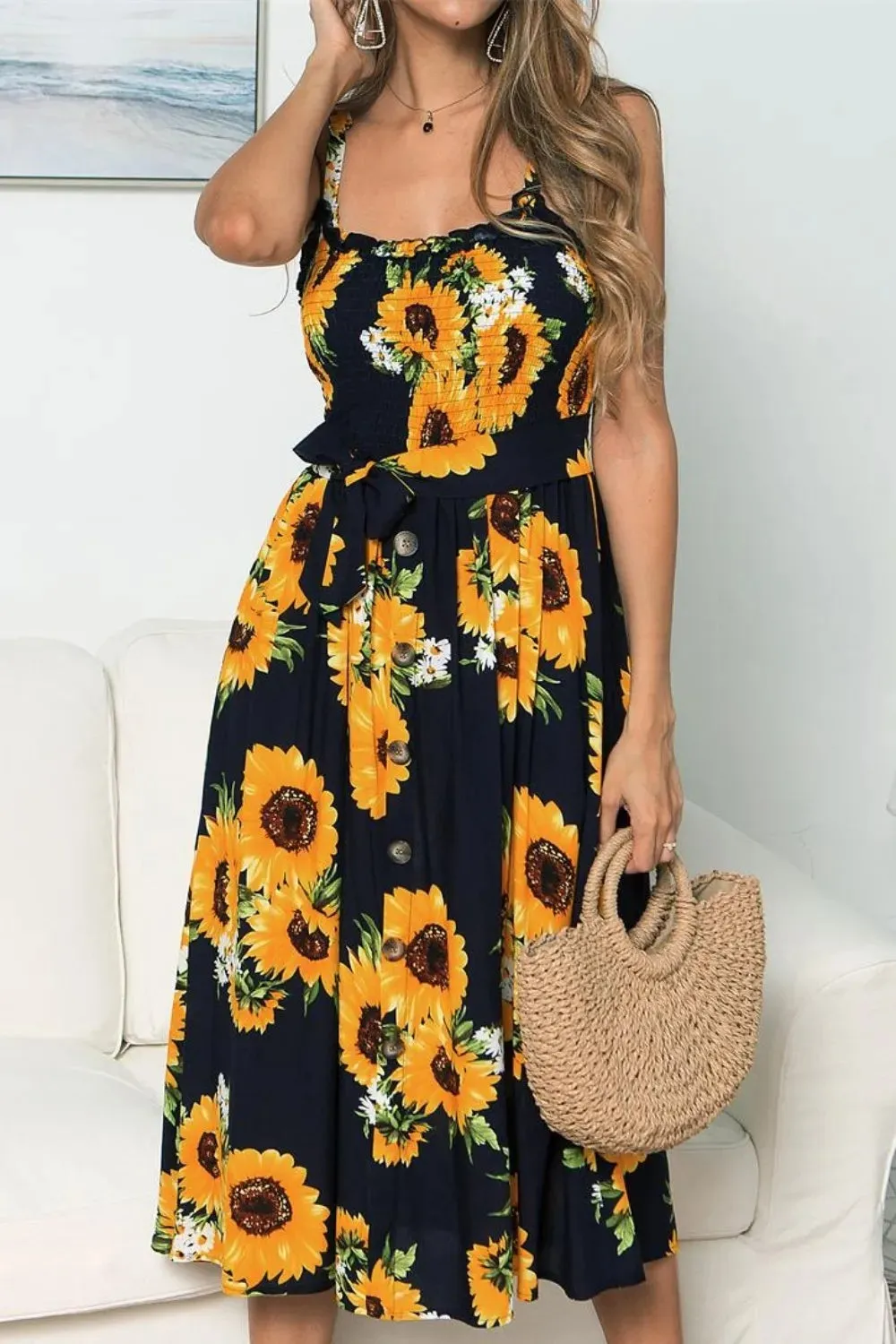 Smocked Sunflower Printed Sleeveless Cami Dress sold by Gigi Laurent product image thumbnail 5