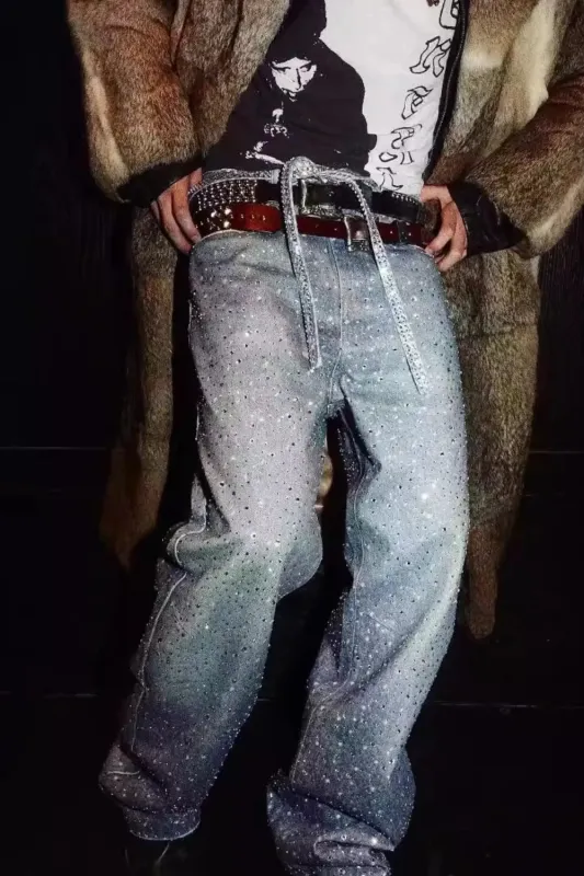 Men's Washed Rhinestone Jeans with Rhinestone Belt sold by Gigi Laurent
