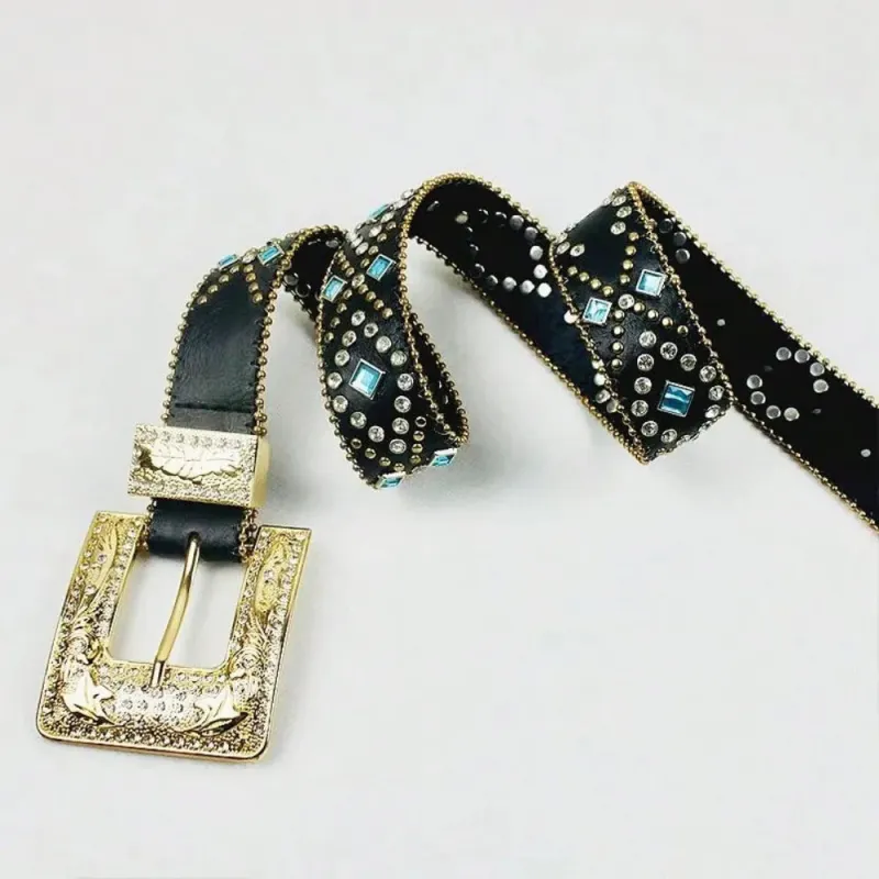 Rhinestone PU Leather Belt made by Trendsi