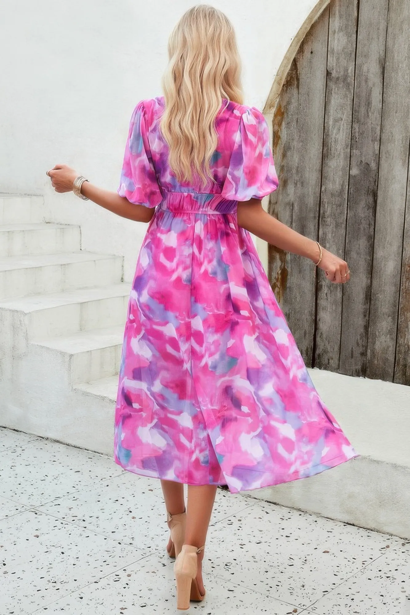 Floral V Neck Puffed Sleeve High Waist Dress sold by Gigi Laurent product image thumbnail 3