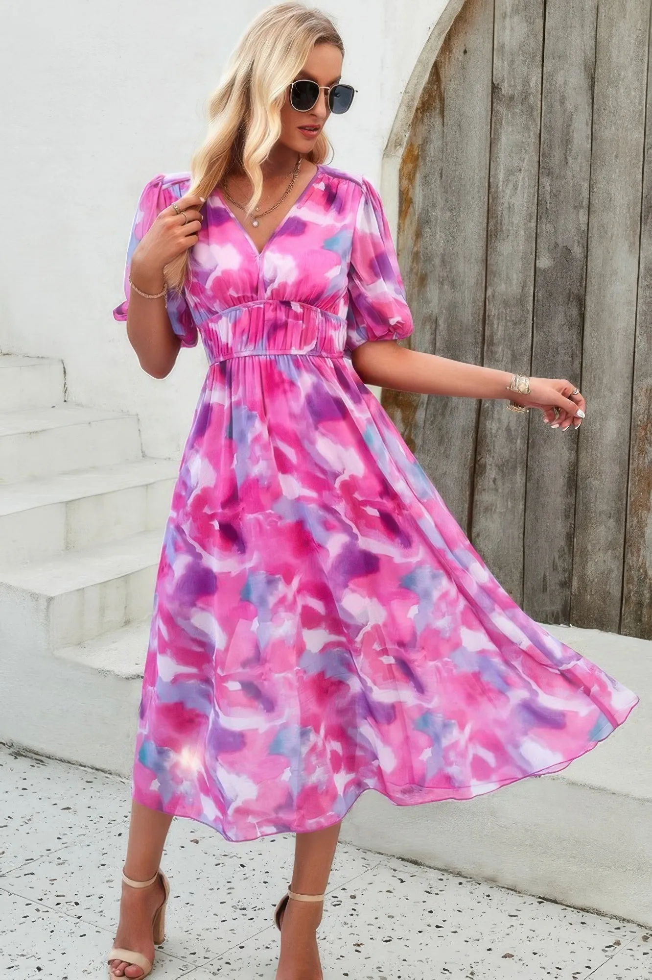 Floral V Neck Puffed Sleeve High Waist Dress sold by Gigi Laurent product image thumbnail 2