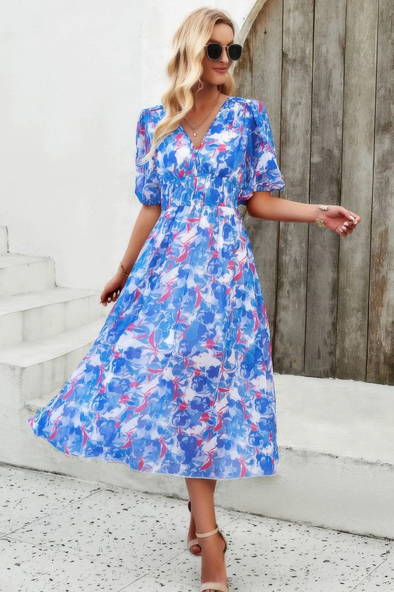 Floral V Neck Puffed Sleeve High Waist Dress sold by Gigi Laurent product image thumbnail 5