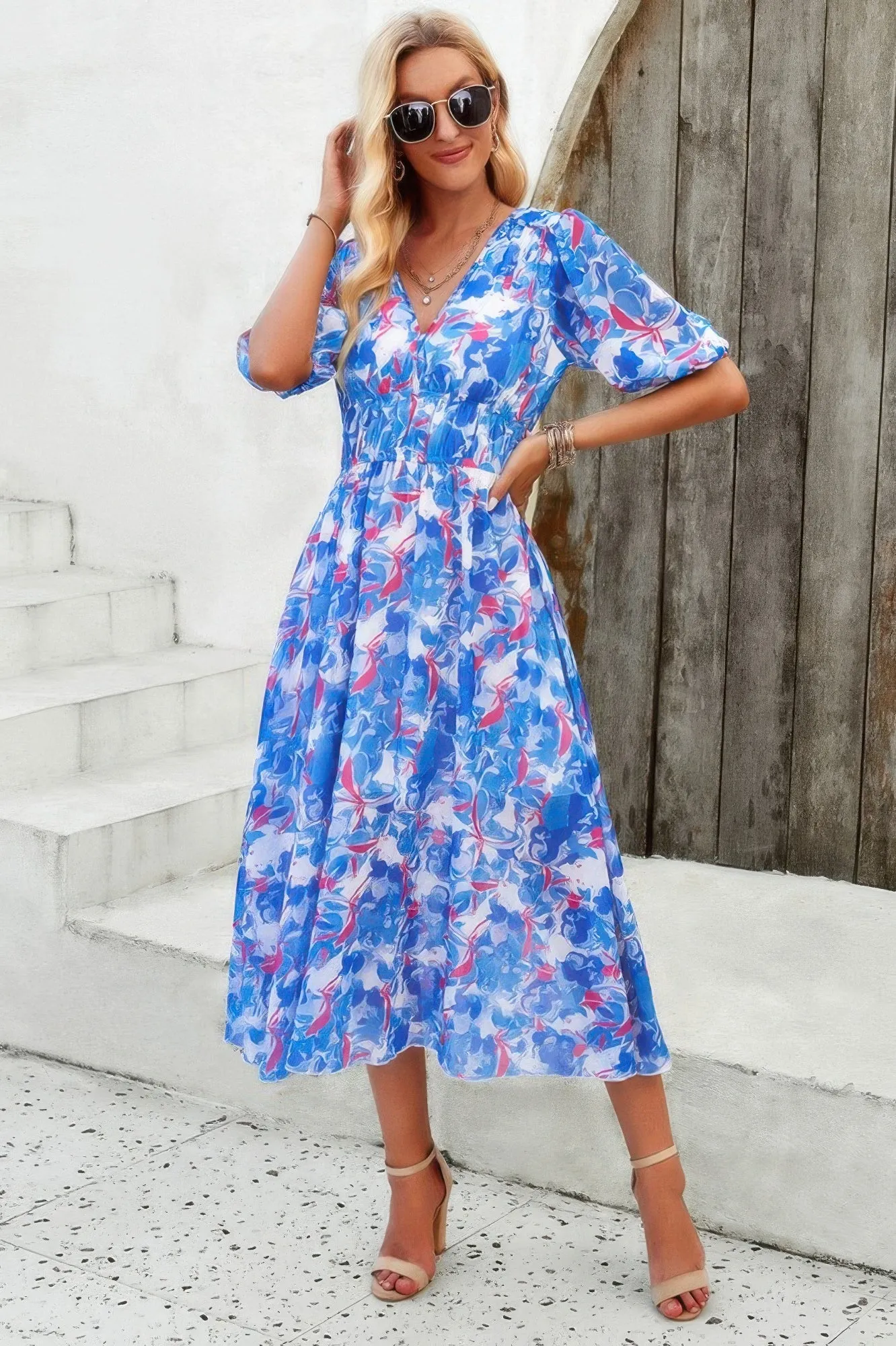 Floral V Neck Puffed Sleeve High Waist Dress sold by Gigi Laurent product image thumbnail 4