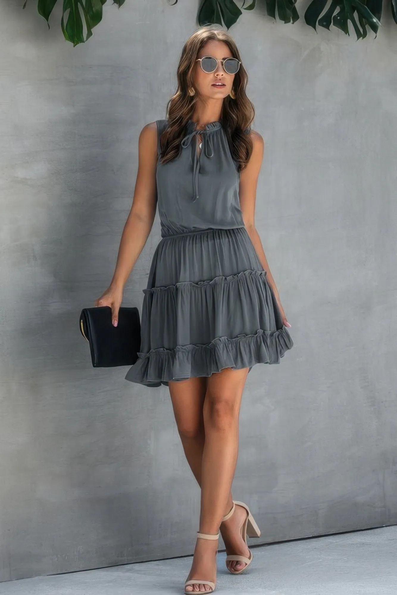 Sleeveless Tie Neck Frill Trim Tiered Layer Dress sold by Gigi Laurent